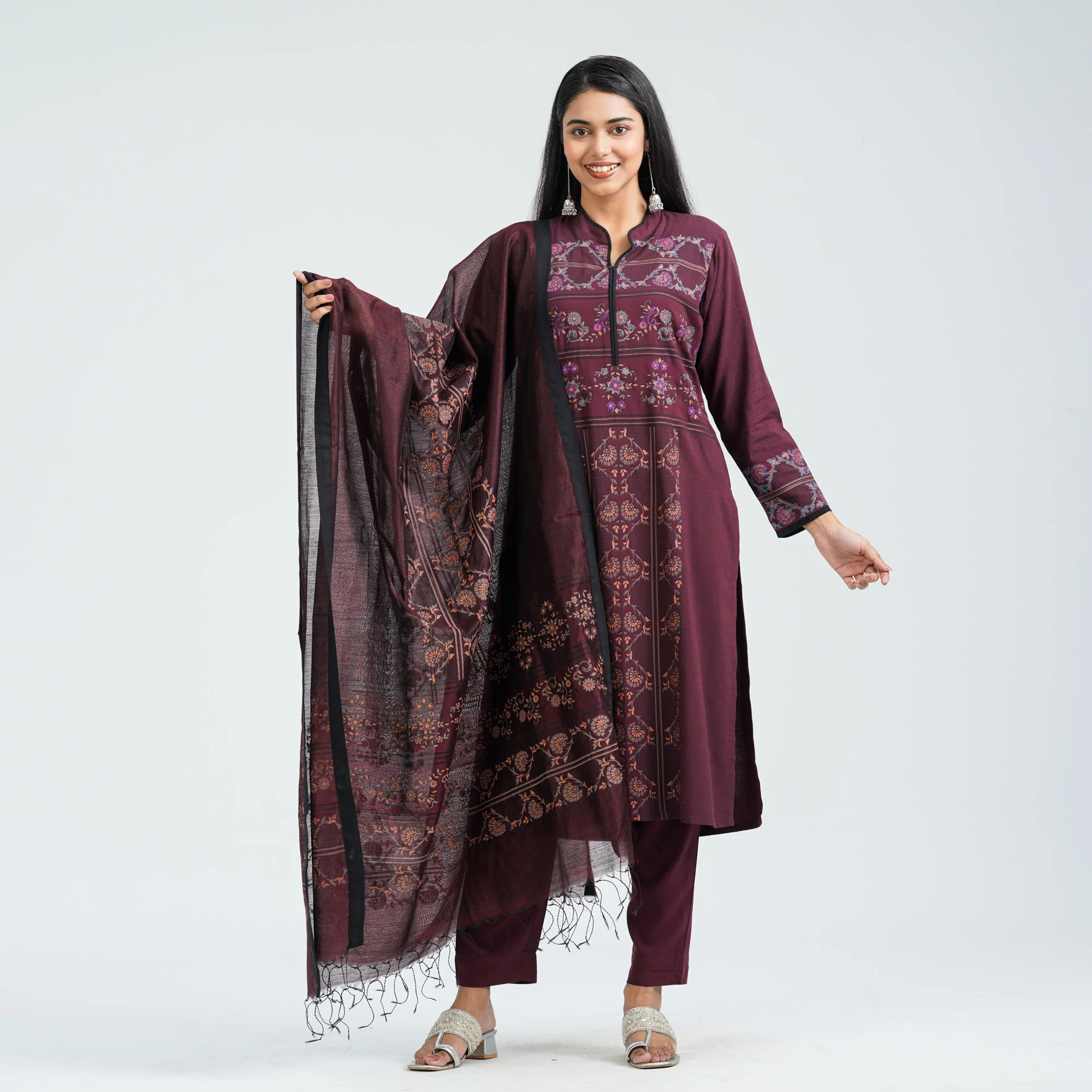 Women's Maroon Viscose Three Piece Set